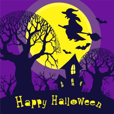Cadılar Bayramı için adanmış Festival kartpostal. Gece orman ve büyük bir sarı ay karşı cadı bir süpürge ve yarasalar üzerinde uçar. Siluet
