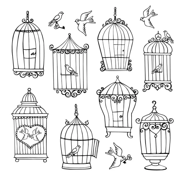 Un set di celle decorative per uccelli dipinte a mano. Elementi Doodle per creatività e design — Vettoriale Stock
