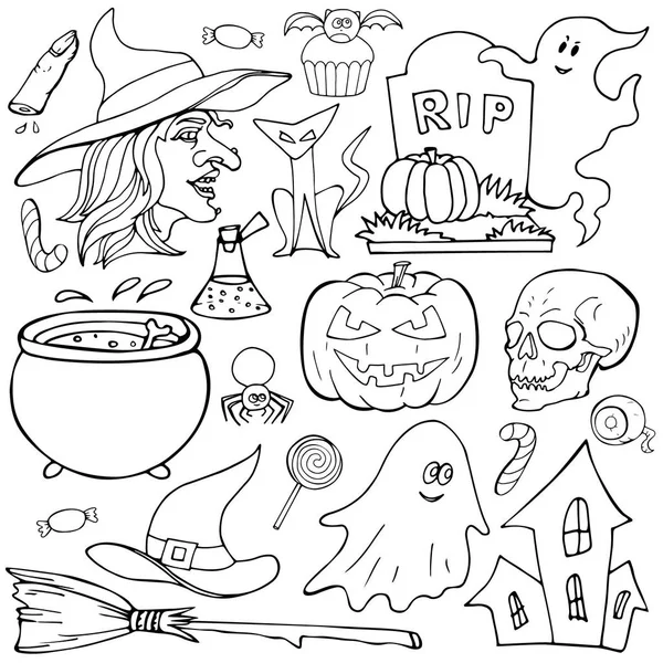 Um conjunto de elementos de Halloween. Imagens desenhadas em uma linha desenhada à mão em um vetor, isolado. Página para colorir páginas — Vetor de Stock
