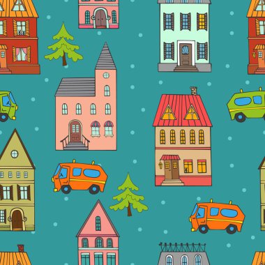 Arka plan sorunsuz şehir panoraması. Doodle. Şehir mimarisi taslağını. Elle çizilmiş vektör çizim. 