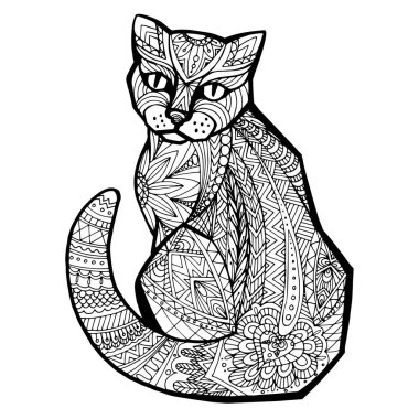 Elle çizilmiş vektör doodle kedi. Zentangle tasarım. Boyama sayfası, dövme, poster, yazdırma, Yetişkin antistress için kroki t-shirt, davet, kartları, afiş, el ilanları, takvimler