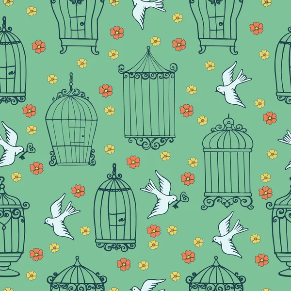 Sömlös Vintage Mönster För Design Med Burar Fåglar Och Blommor — Stock vektor