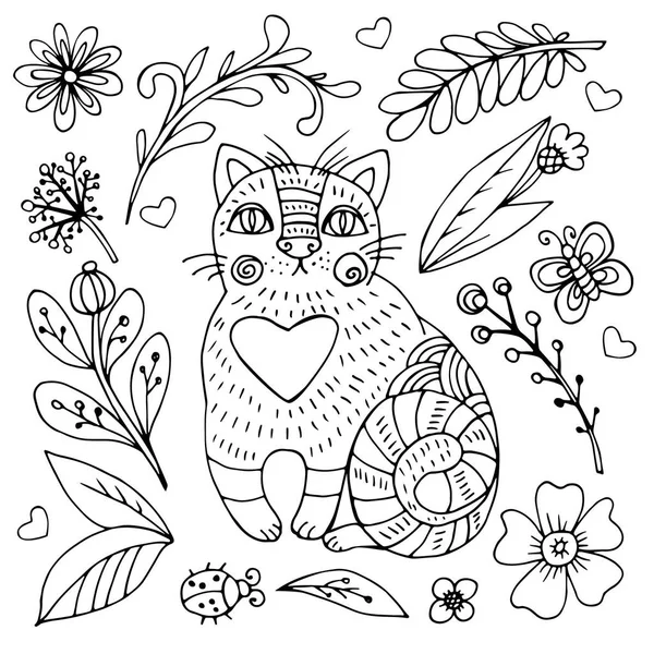 Ręka Wektor Ciągnione Doodle Kot Szkic Dla Dorosłych Antistress Kolorowanki Ilustracja Stockowa