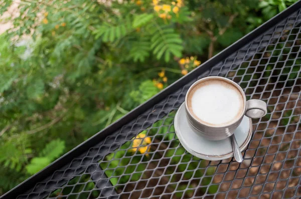 En cappuccino-kopp på bur med naturlig avføring – stockfoto