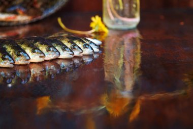 Ahşap arka plan üzerinde taze balık. Çubuk balıkçılık. Levrek