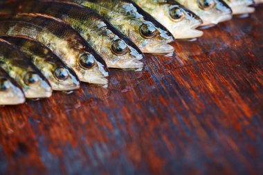 Ahşap arka plan üzerinde taze balık. Çubuk balıkçılık. Levrek