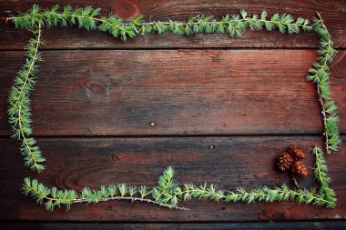 Noel ahşap arka plan. Köknar ağacı dalları ile çam kozalakları. Üstten Görünüm. Kopya alanı.