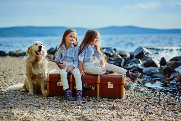 Dos hermanitas gemelas en un paseo con perro en la playa . —  Fotos de Stock