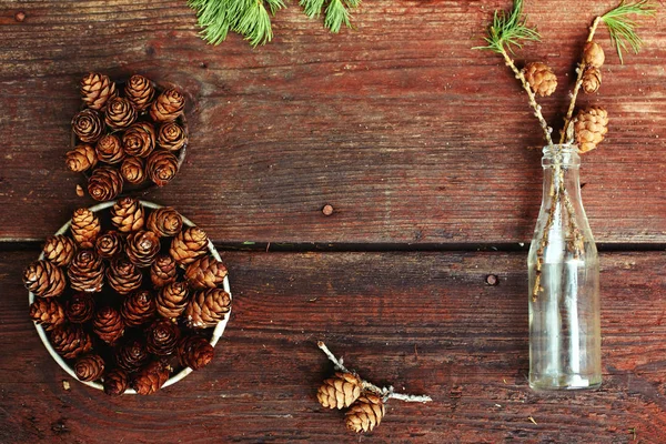 Fundo de Natal em velhas tábuas de madeira com elemento decorativo na forma de uma figura oito, garrafa antiga e cones de larício — Fotografia de Stock