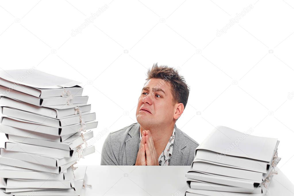 Businessman worker prayer. Isolated on white background