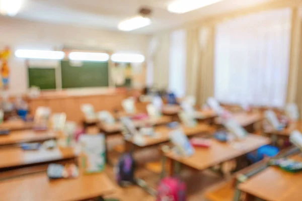 Classroom in a blurred background with no children. Students left their backpacks and notebooks and went on a break