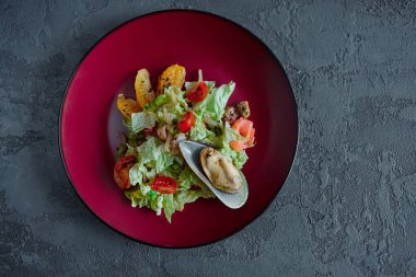 Gri desenli arka planda yuvarlak bir tabakta turunçgilli deniz ürünleri salatası..