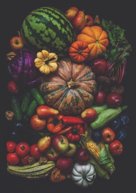 Tonda renkli meyve ve sebzeler. Organik ve sağlıklı beslenme konsepti.