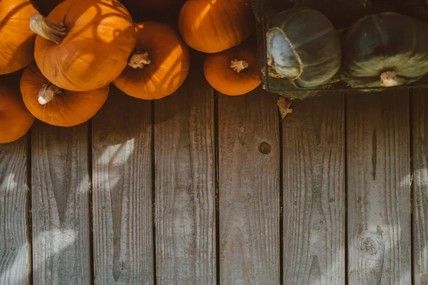 Orange Halloween Pumpkins Wooden Boards Holiday Decoration — Stock Photo, Image