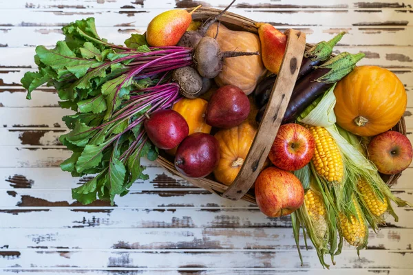 Basket with vegetables. Pumpkin, beets, corn, pears, apples with leaves and herbs in the vintage basket on the rural table background. Concept of biological, bio products, bio ecology, vegetarian.