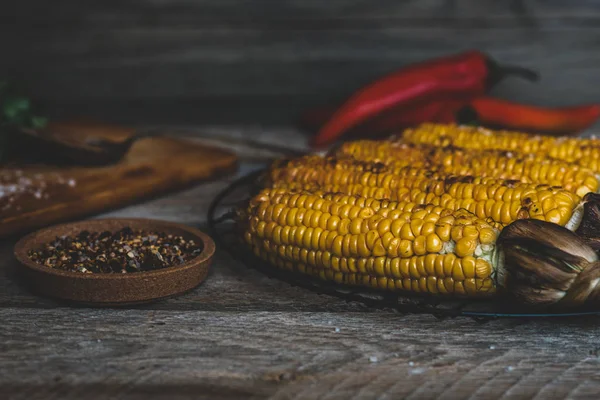 Grilled Corn Cob Herbs Wooden Board Dark Wooden Background — Stock Photo, Image