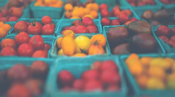 카운터에 유기농 토마토의 파인트 바구니 농산물 시장에서 판매되는 신선한 유기농 — 스톡 사진