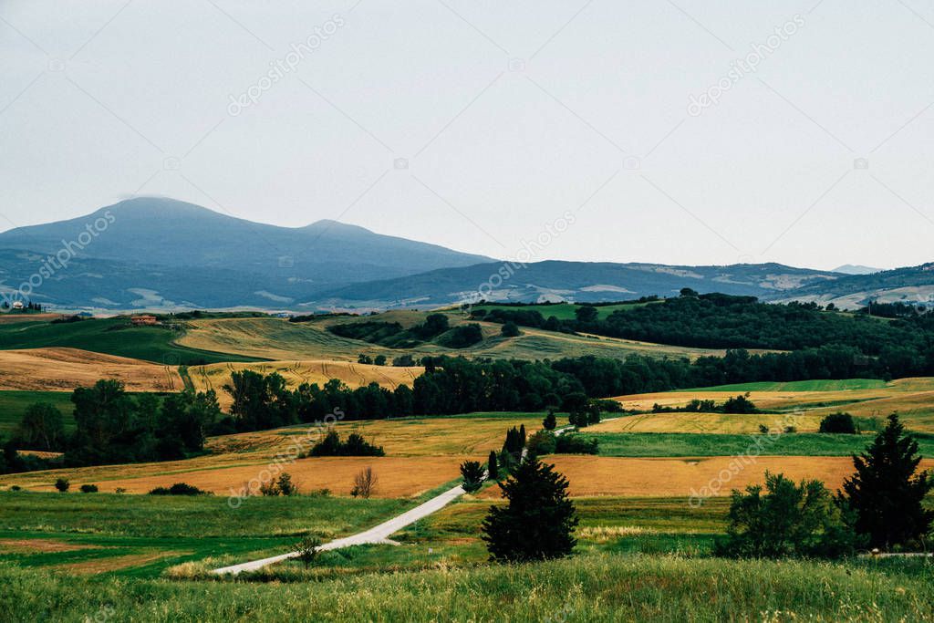 Beautiful autumn in Tuscany, Italy. Rural landscape. Countryside hills and meadows, green and yellow fields and sky. Eco tourism and travel concept. Beautiful world. Toned image.