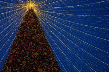 Gece vakti parlayan Noel ağacı. Noel, kış, yeni yıl konsepti. Boşluğu kopyala.