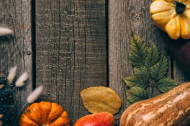 Sonbahar arkaplanı, güz yaprakları ve balkabakları. Fotokopi alanı ile eski ahşap üzerine sonbahar hasadı. Mevsimlik teklifler için hazırlan. Üst görünüm.
