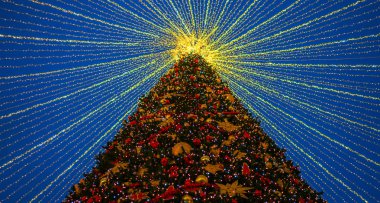 Geceleri dışarıda ışıklandırmalı Noel ağacı. Yeni Yıl Kutlaması. Kış mevsimsel tatillerinde Avrupa şehir caddesinde dekore edilmiş lüks.