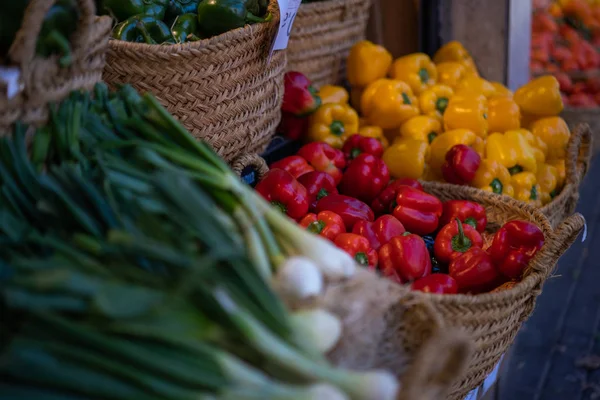 农贸市场的有机蔬菜摊位 从花园里卖新鲜蔬菜 有机农产品 季节性收获的蔬菜 生物健康食品 — 图库照片