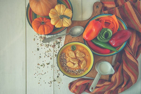 Autumn Halloween Thanksgiving Day Table Setting Pumpkins Spices Bowl Vegetable — Stock Photo, Image