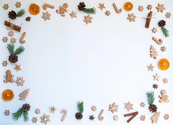 Christmas New Year Frame Made Spruce Branches Decoration Gingerbread Cinnamon — Stock Photo, Image