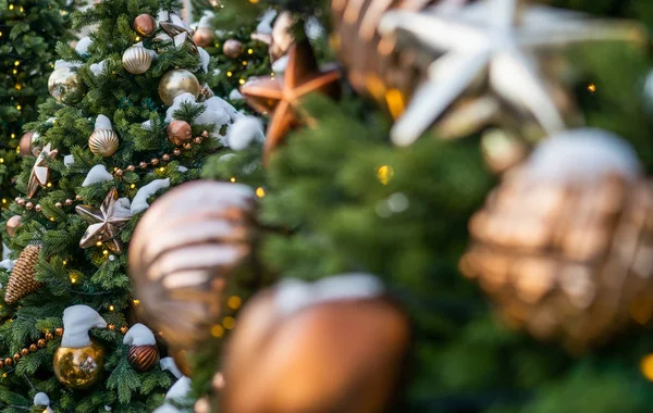 黒焦げのクリスマスツリー クリスマス 美しい黄金のお祝いの装飾が施されたクリスマスツリー クリスマスの朝冬の休日のお祭りの通りの装飾 — ストック写真