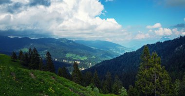 İlkbaharda güneşli bir günde yemyeşil çayırlar açan Alpler 'in panoramik manzarası. İsviçre Alpleri, Avrupa. Güzellik dünyası.