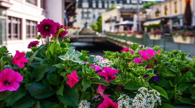 Chamonix Mont Blanc Village, Arve Nehri, Fransa. Fransa 'nın Alps dağlarındaki ünlü kayak merkezi. Yaz manzarası.