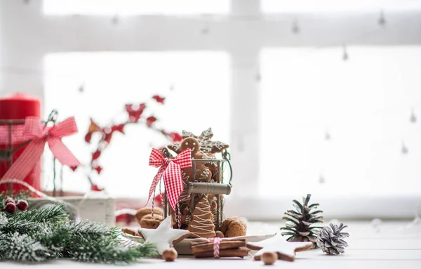 Jul Eller Nyår Stilleben Med Prydnader Rustika Vita Bordet Julkakor — Stockfoto