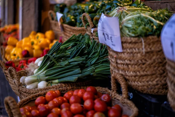 Puesto Mercado Con Variedad Verduras Ecológicas Productos Orgánicos Agrícolas Hortalizas — Foto de Stock
