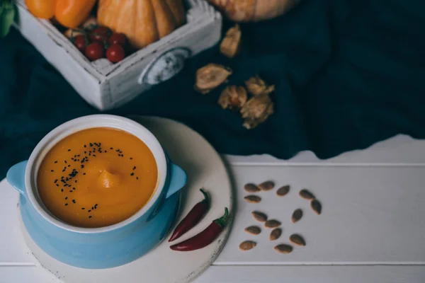 Pumpkin Soup Bowl Autumn Vegetables Pumpkin Seeds Vegan Soup Vegetables — Stock Photo, Image