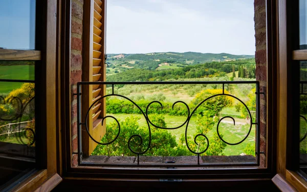 Open Window View Garden Tuscany Rural Landscape Countryside Small Medieval — Stock Photo, Image