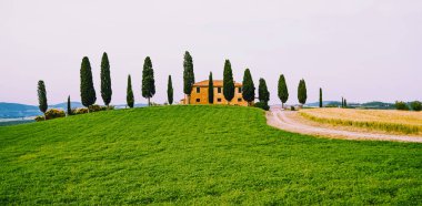 Toskana güzel bahar manzarası. Tarlaları ve çiftlik evi olan tarım alanı. Kırsal çiftlik, selvi ağaçları, yeşil alan, güneş ışığı ve bulut, İtalya, Avrupa.