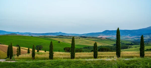 Pohled Slunečný Den Italské Venkovské Krajině Unikátní Toskánská Krajina Letním — Stock fotografie