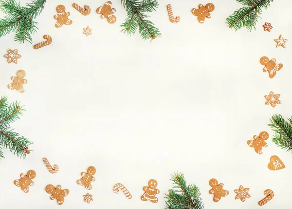 Creative Frame Layout Made Christmas Gingerbread Cookies Spruce Branches Pastel — Stock Photo, Image