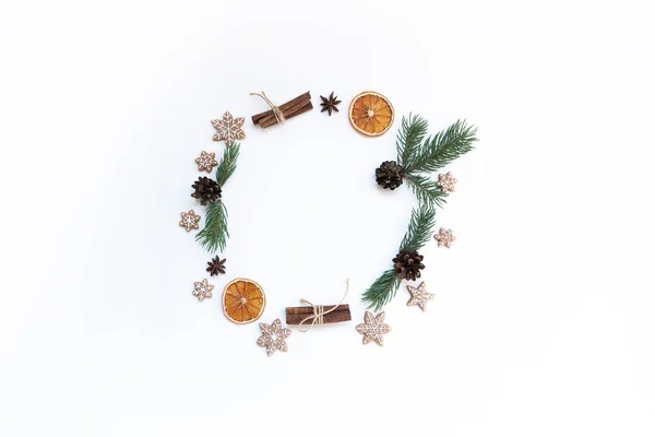 Christmas Composition Christmas Wreath Light Background Flat Lay Top View — Stock Photo, Image