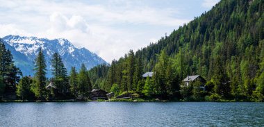 Panoramic view to the Alpine village on lake by Interlaken, Switzerland. Old fishing village with beautiful old wooden house and snow covered Alps mountains on background. Switzerland, Europe.