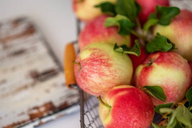 Demir sepette olgun kırmızı elmalar. Elma ahşap arka plan beyaz arka plan yeşil gıda vejetaryenliği sağlıklı gıda bırakır. Metnin için boşluk kopyala.