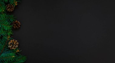 Noel süslemeleri için kullanılan koyu arkaplanda ağaç dalı ve çam kozalağı. Noel, kış, doğa Yeni Yıl konsepti.