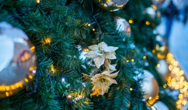 Noel süslemelerinin çiçek dalları. Noel, kış, yeni yıl konsepti. Boşluğu kopyala.