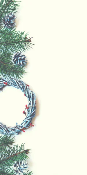 Christmas Border Wreaths Red Berries Fir Branches Pine Cones Pastel — Stock Photo, Image