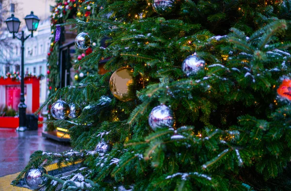Fundo Natal Árvore Natal Com Belas Decorações Festivas Brilhantes Decoração — Fotografia de Stock