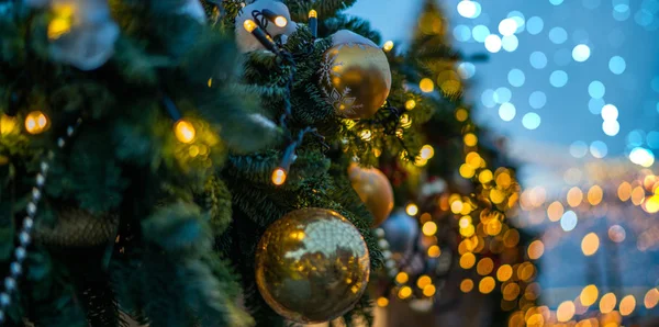 Natal Férias Piscando Fundo Abstrato Com Árvore Natal Decorada Copiar — Fotografia de Stock