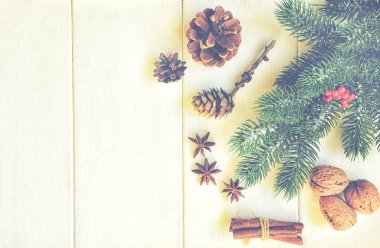 Noel kompozisyonu. Taze köknar ağacı dalları, kırmızı böğürtlen, kozalak, anason, tarçın ve fındık. Noel, kış, yeni yıl konsepti. Düz konum, üst görünüm, kopyalama alanı.