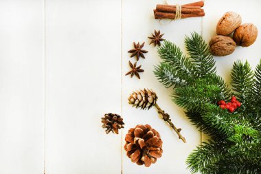 Noel kompozisyonu. Taze köknar ağacı dalları, kırmızı böğürtlen, kozalak, anason, tarçın ve fındık. Noel, kış, yeni yıl konsepti. Düz konum, üst görünüm, kopyalama alanı.
