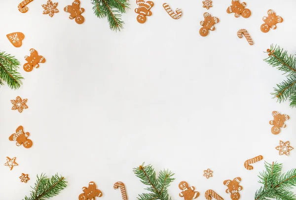 Creative Frame Layout Made Christmas Gingerbread Cookies Spruce Branches Pastel — Stock Photo, Image