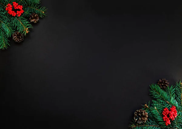 クリスマスや新年の装飾の背景 コピースペースと暗いグランジの背景にある毛皮の木の枝 赤い果実 自然新年のコンセプト — ストック写真